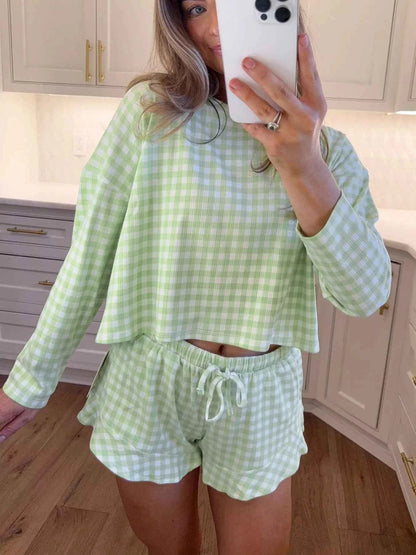Gingham Print Round Neck Top and Shorts Set