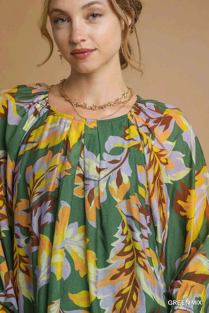 Umgee Mix Abstract Print Balloon Sleeve Blouse