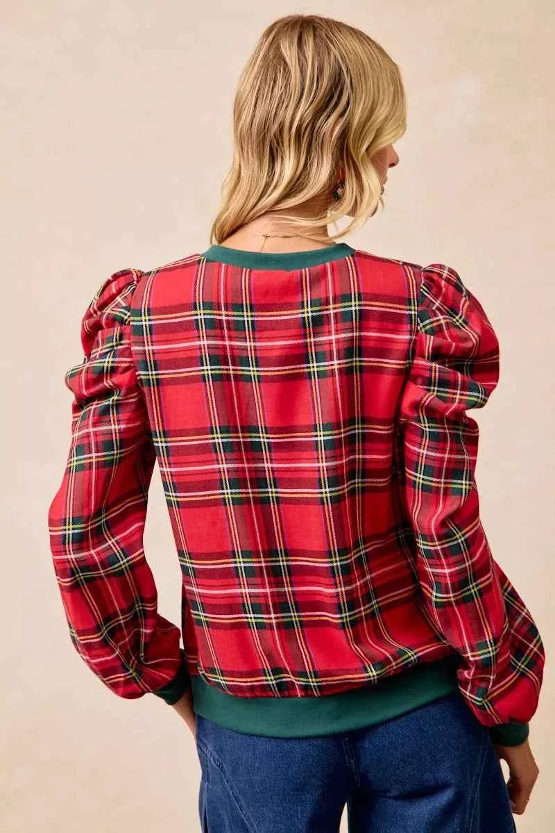 BiBi Christmas Plaid Exaggerated Shoulder Sleeves Top