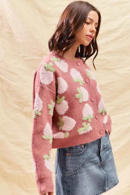 SO ME Strawberry Fruit All Over Button Sweater Cardigan