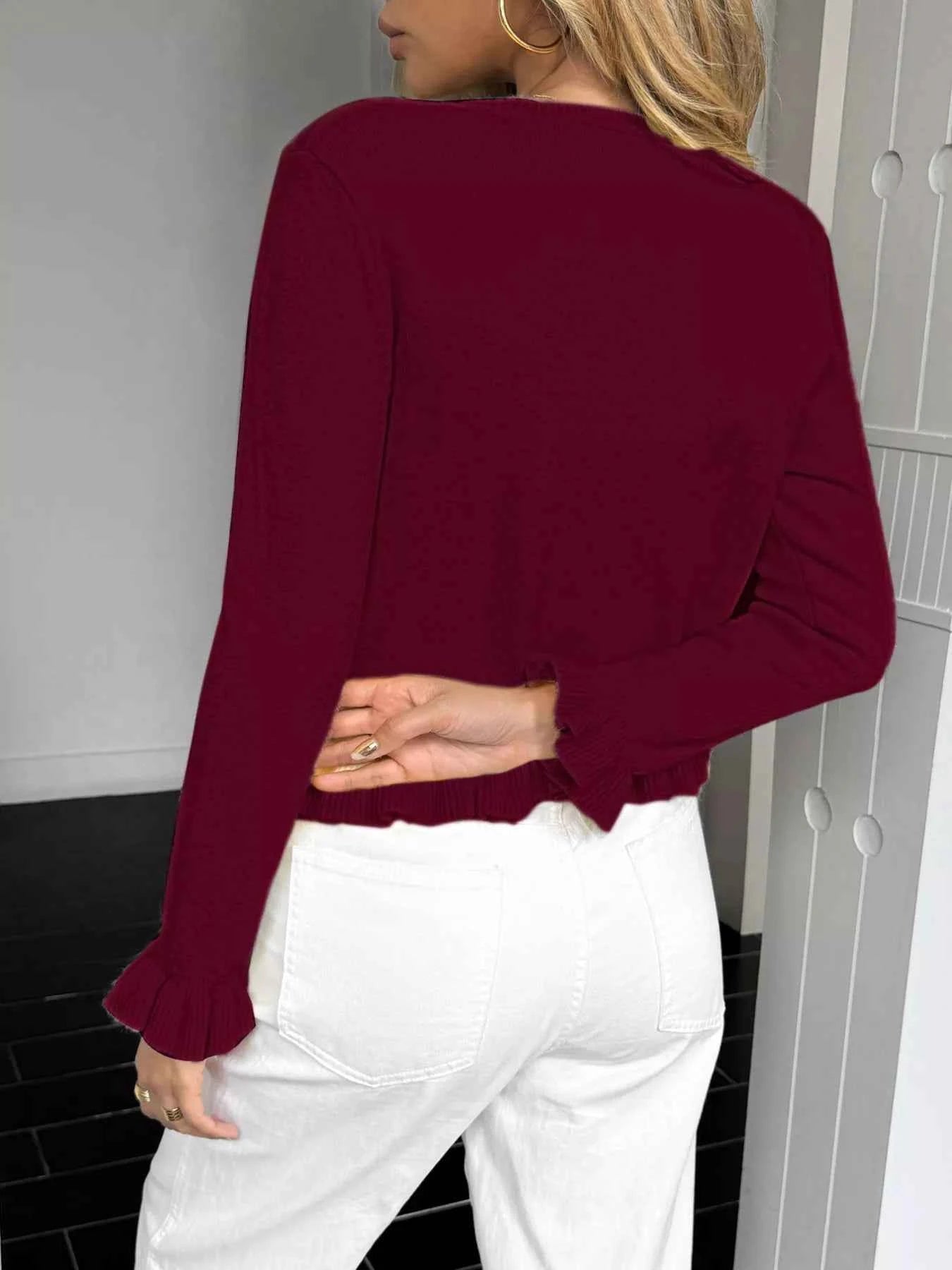Ruffled Trim Button-Up Knit Cardigan