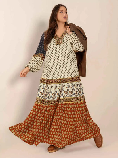 Plus Size Notched Balloon Sleeve Maxi Dress