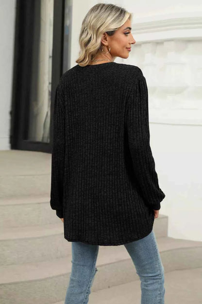Long Sleeve Ribbed Knit Top with Front Pockets