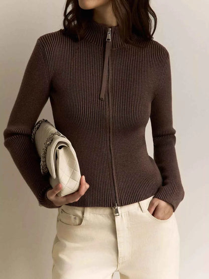 Ribbed Knit Zip-Up Cardigan