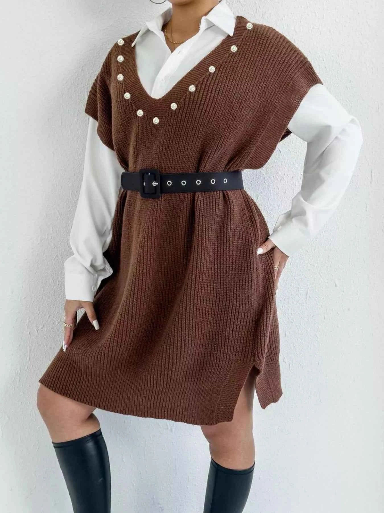 Slit V-Neck Sweater Dress