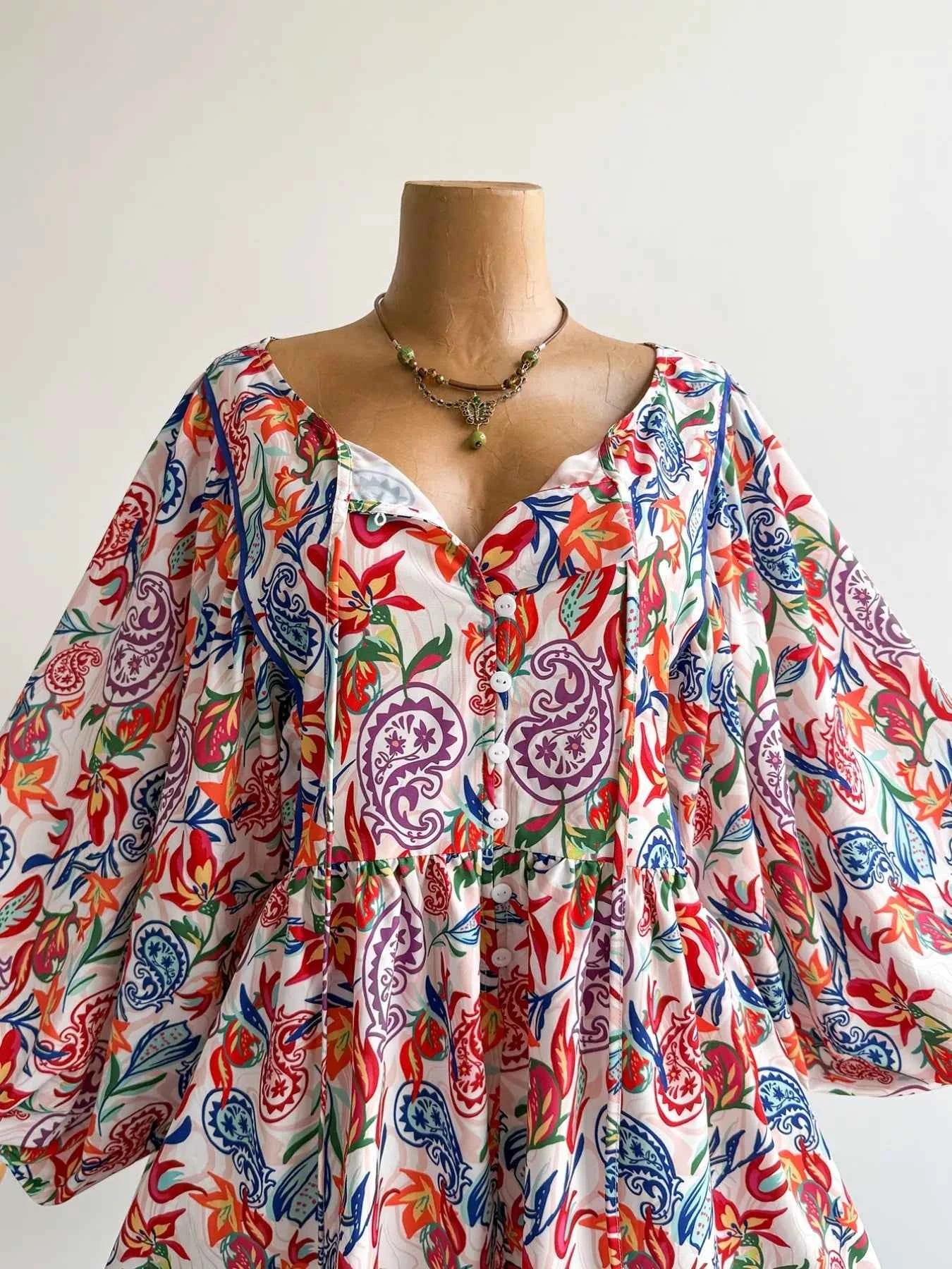 Plus Size Boho Floral Print Button-Down Romper