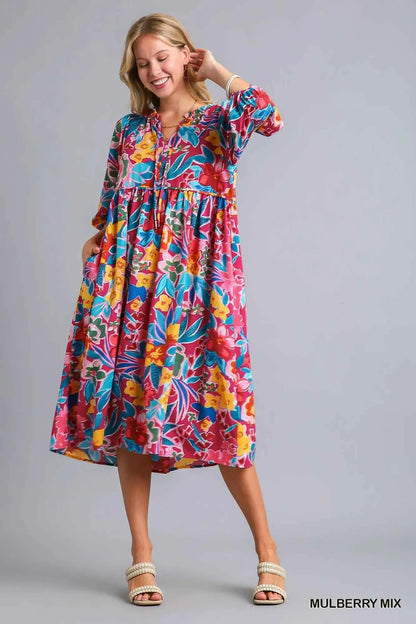Umgee Full Size Floral Print Tie Neck Midi Dress with Pockets Plus Size