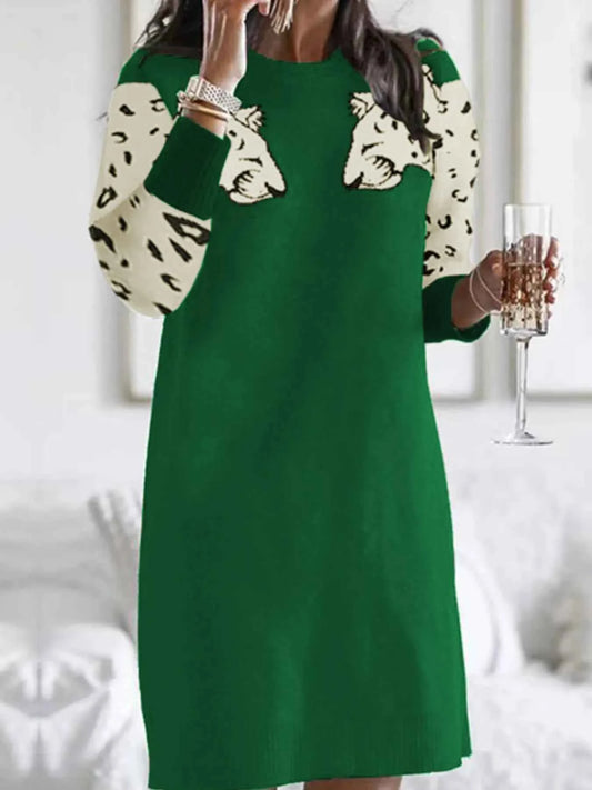 Leopard Round Neck Sweater Dress