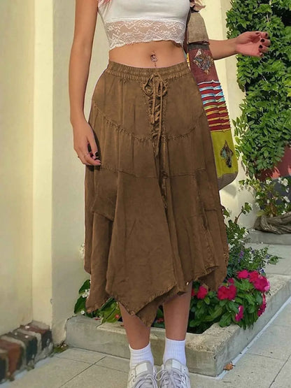 Asymmetrical Hem Midi Skirt with Drawstring Waist