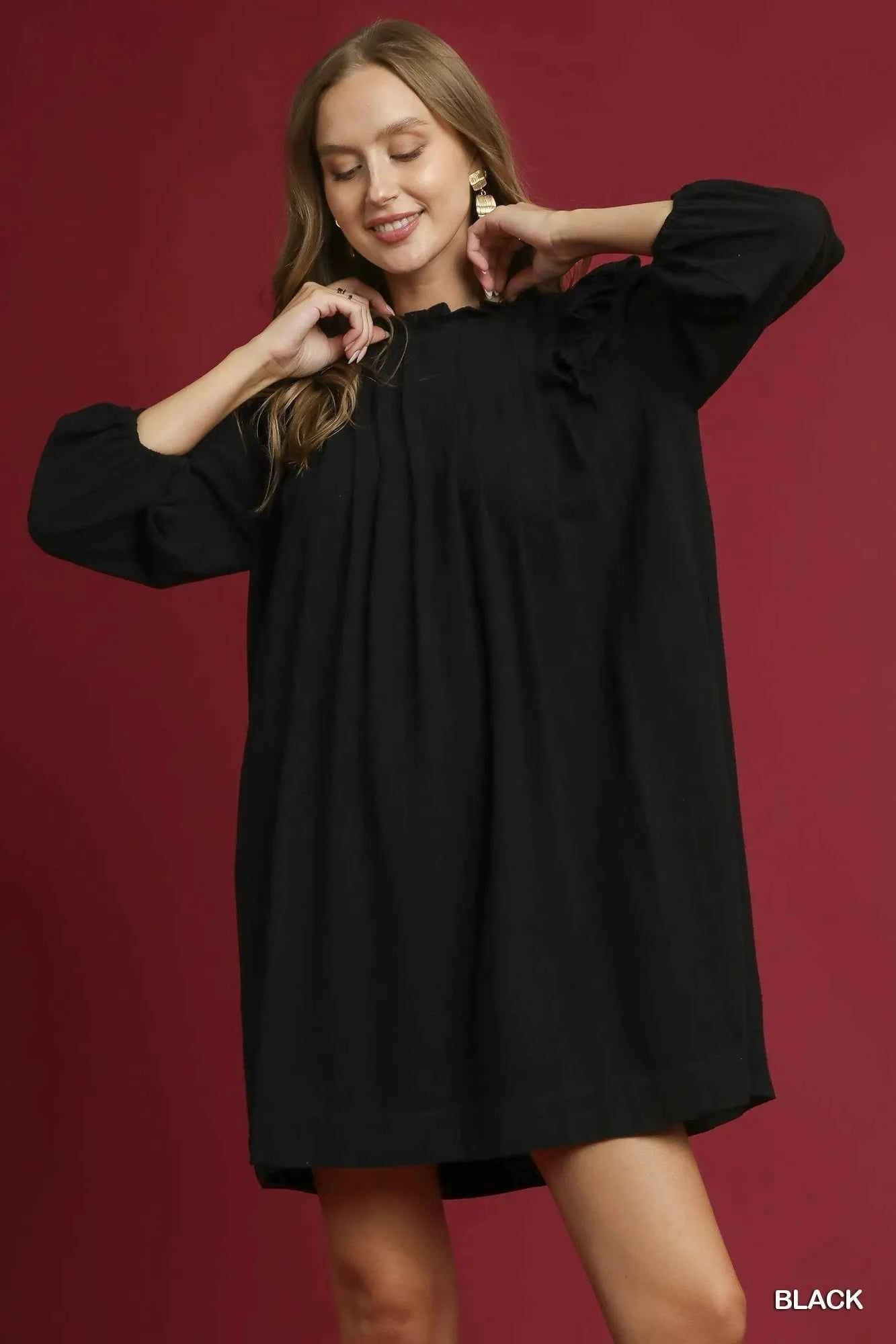 Umgee Linen Ruffle Shoulder Pleated Babydoll Dress
