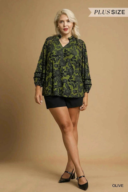 Umgee Full Size Floral Velvet Blouse with Balloon Sleeves Plus Size