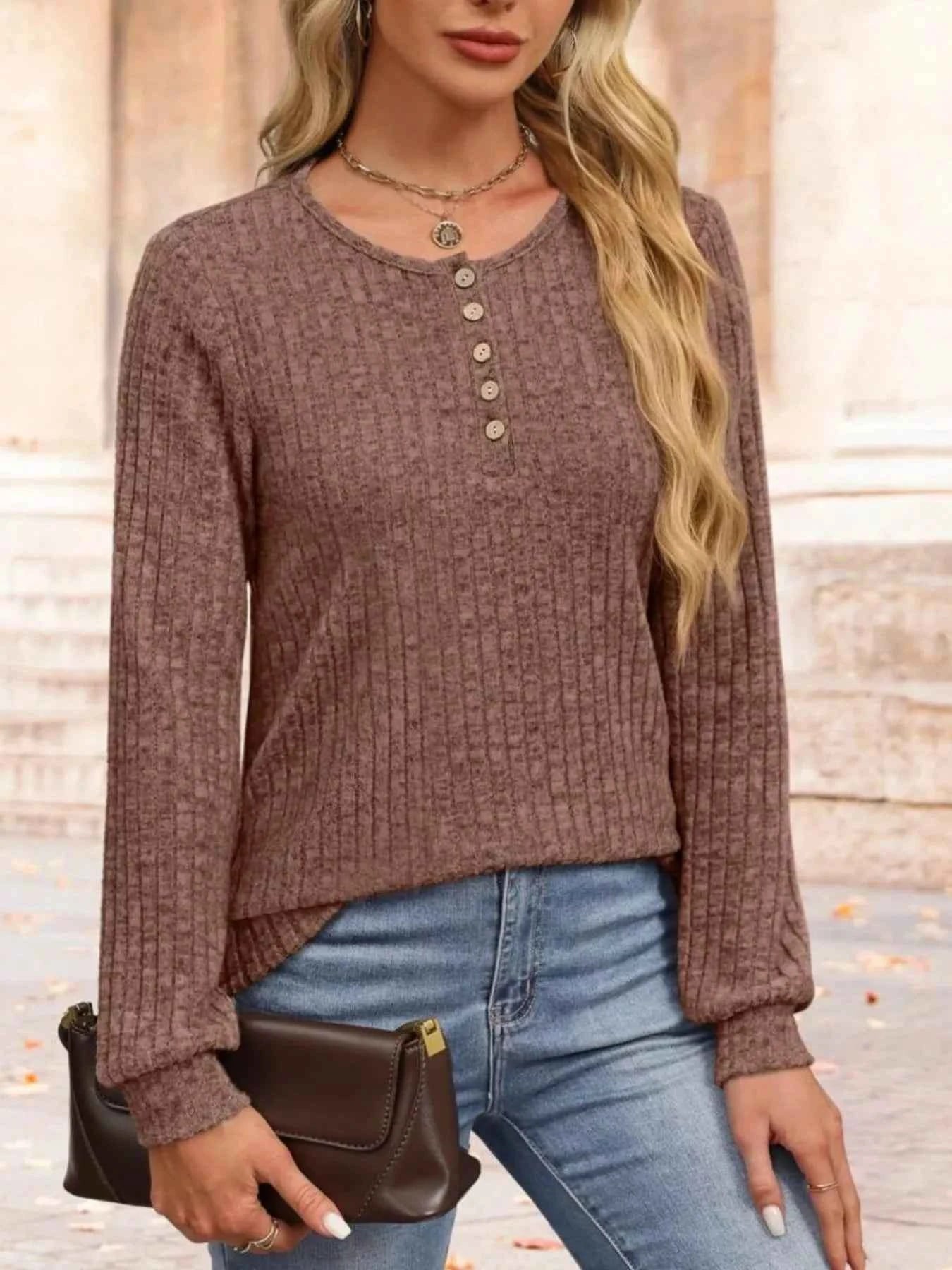 Ribbed Knit Button-Front Long Sleeve T-Shirt