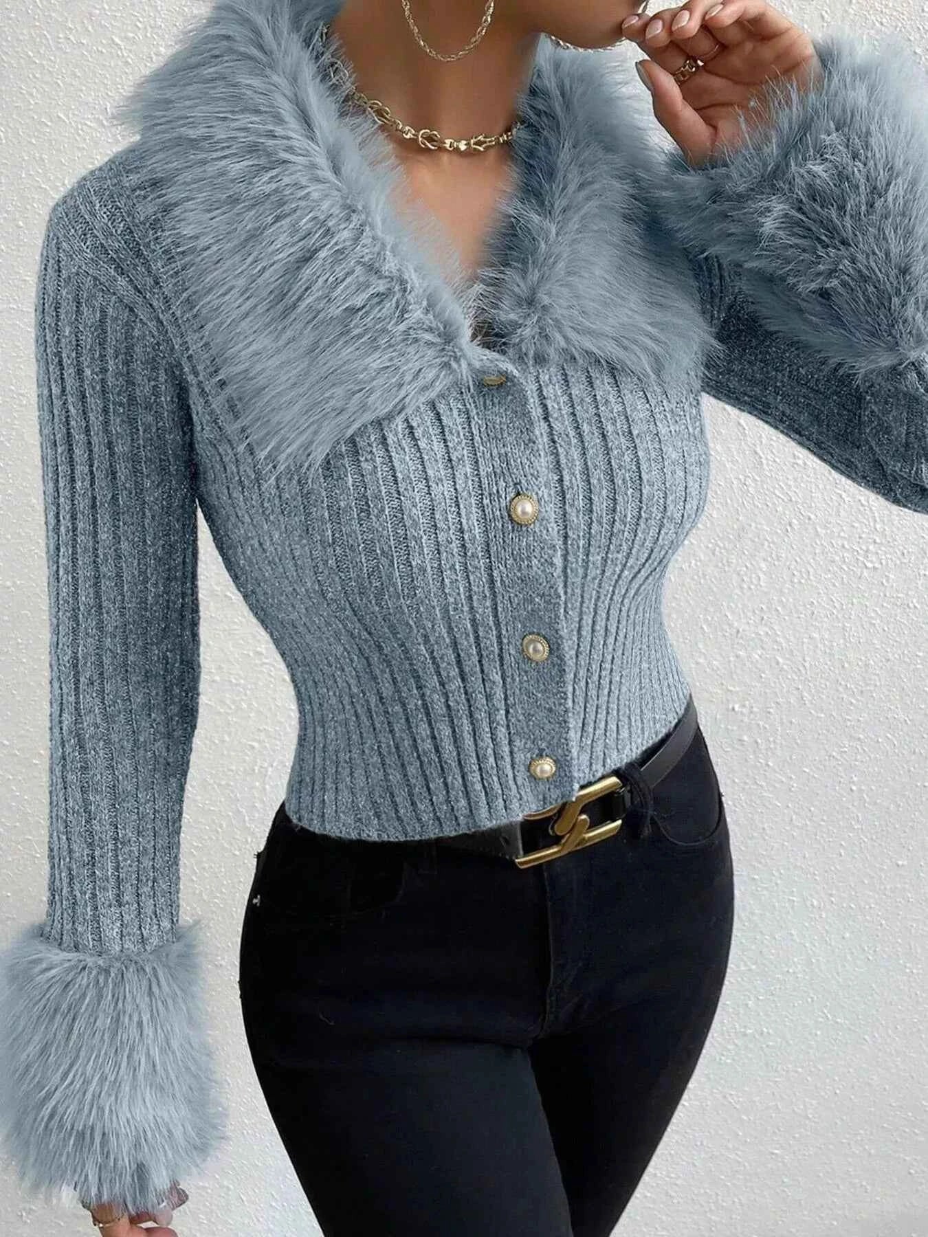 Faux Fur Trim Ribbed Knit Cropped Cardigan