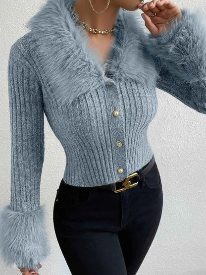 Faux Fur Trim Ribbed Knit Cropped Cardigan