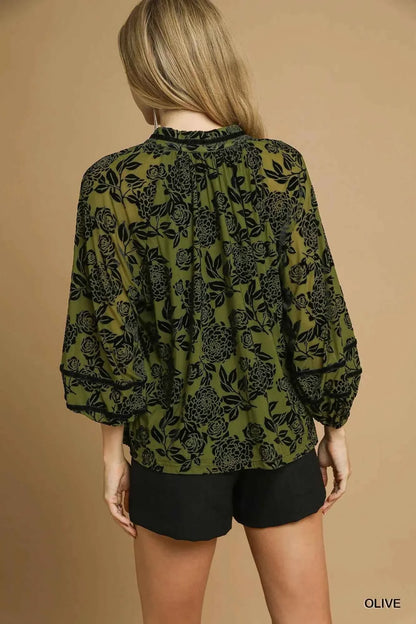 Umgee Full Size Floral Velvet Blouse with Balloon Sleeves Plus Size