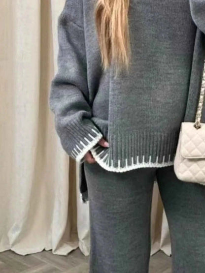 Contrast Trim Round Neck Top and Pants Sweater Set