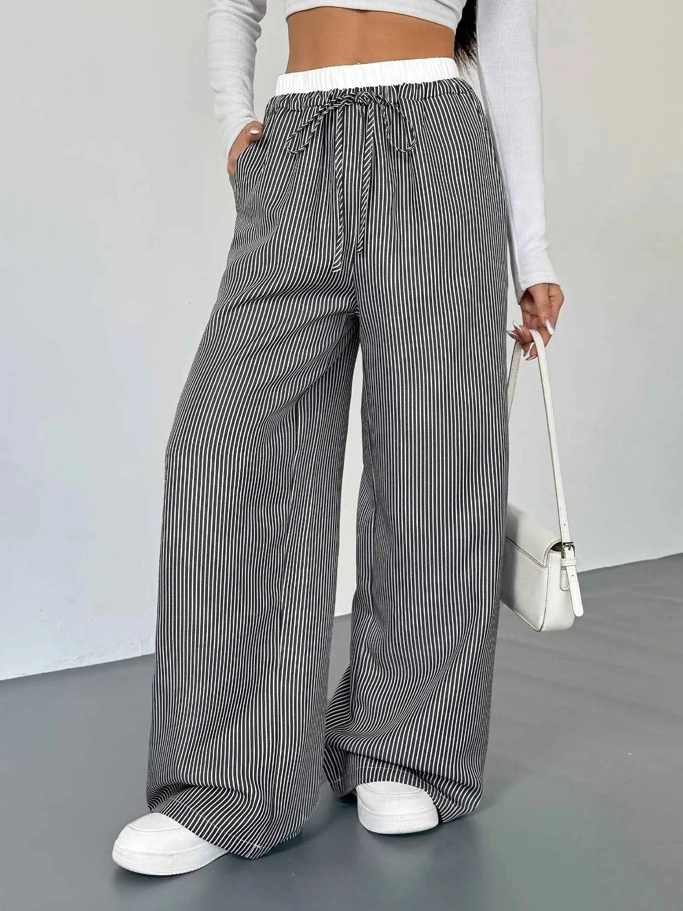Striped Wide Leg Drawstring Pants