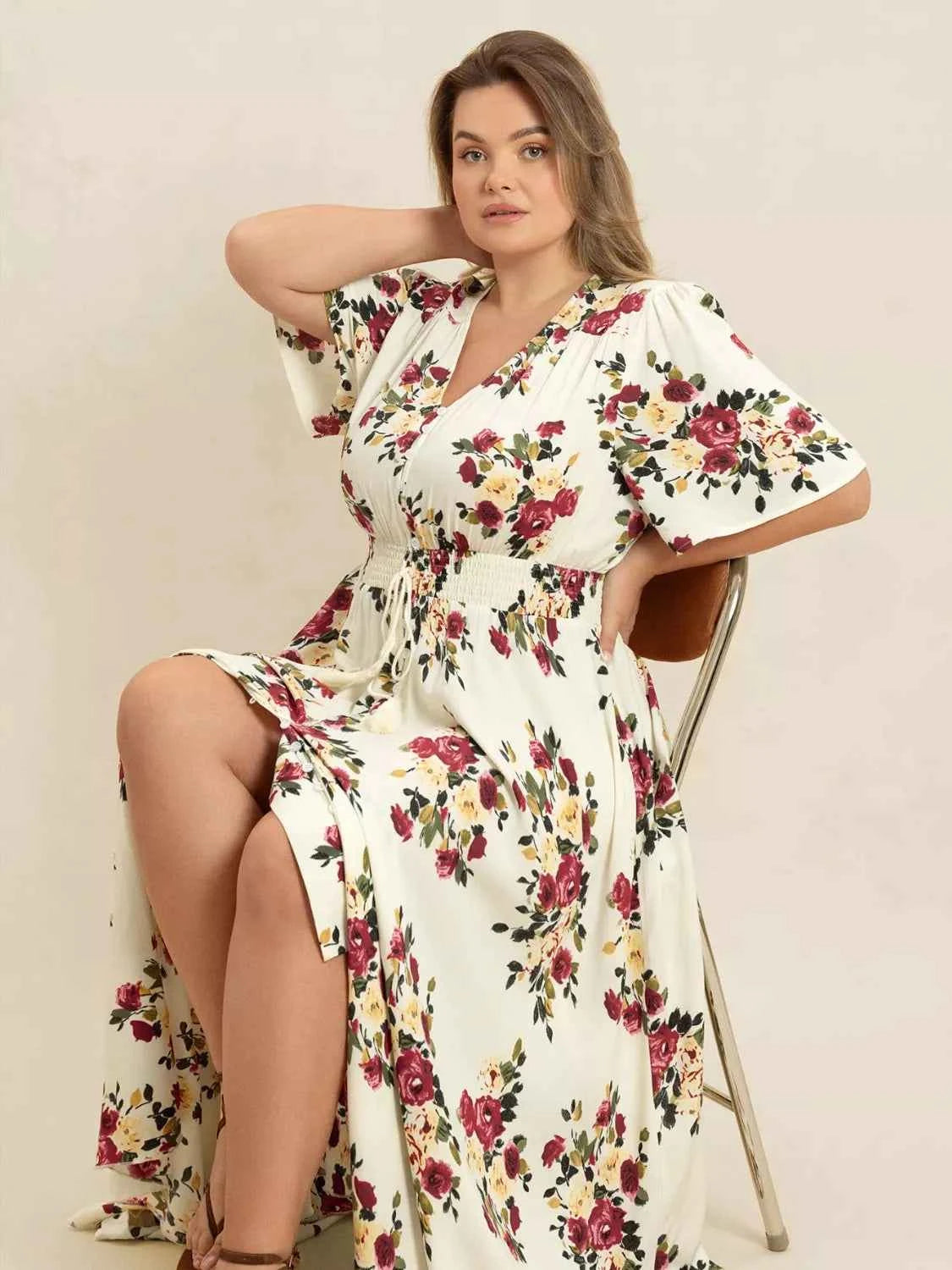 Plus Size Floral Flutter Sleeve Maxi Dress with Button Front