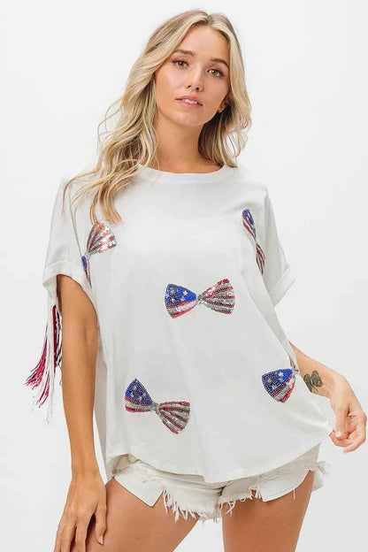 BiBi American Flag Sequin Ribbon T-Shirt