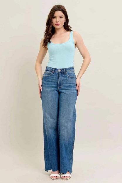 Judy Blue Full Size High Waist Tummy Control Chew Hem Destroy Wide Jeans Plus Size
