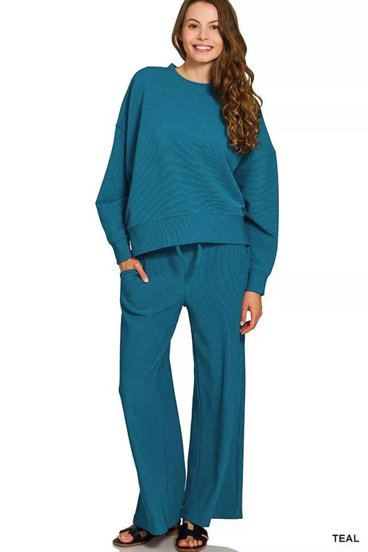 Zenana Ribbed Round Neck Pullover and Drawstring Pants Set
