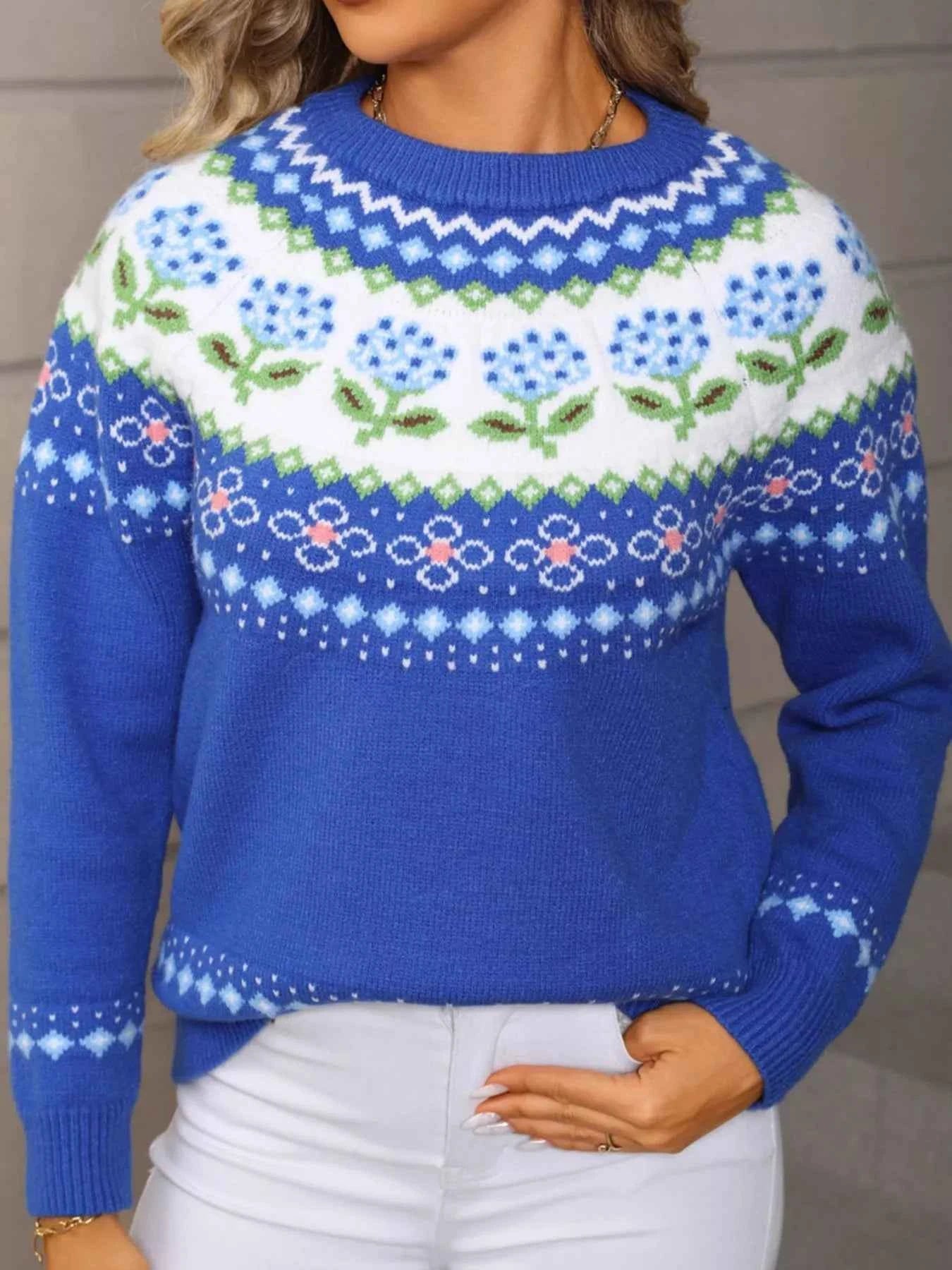 Floral Pattern Crew Neck Sweater