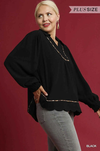 Umgee Full Size Linen Scallop Hem Blouse with Contrast Trim Plus Size