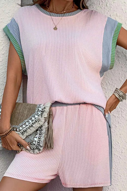 Round Neck Contrast Top and Shorts Set