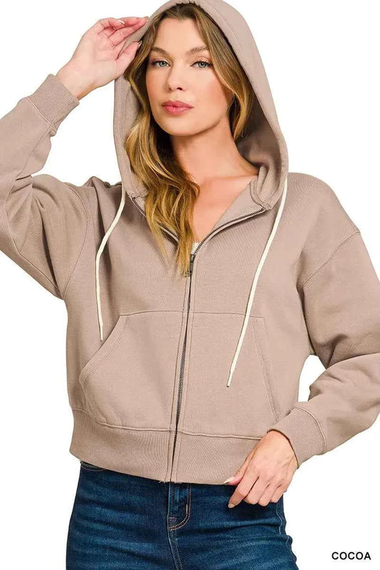 Zenana Fleece Cropped Zip-up Hoodie with Pockets