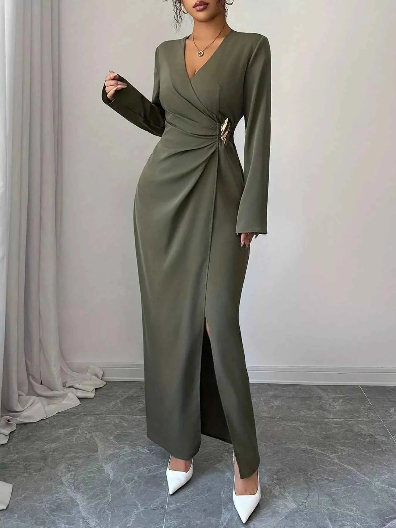 Slit Surplice Long Sleeve Maxi Dress