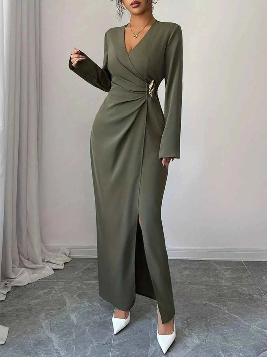 Slit Surplice Long Sleeve Maxi Dress