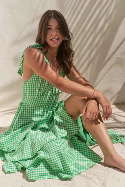 Jade By Jane Full Size Sleeveless Gingham Print Tiered Midi Dress Plus Size