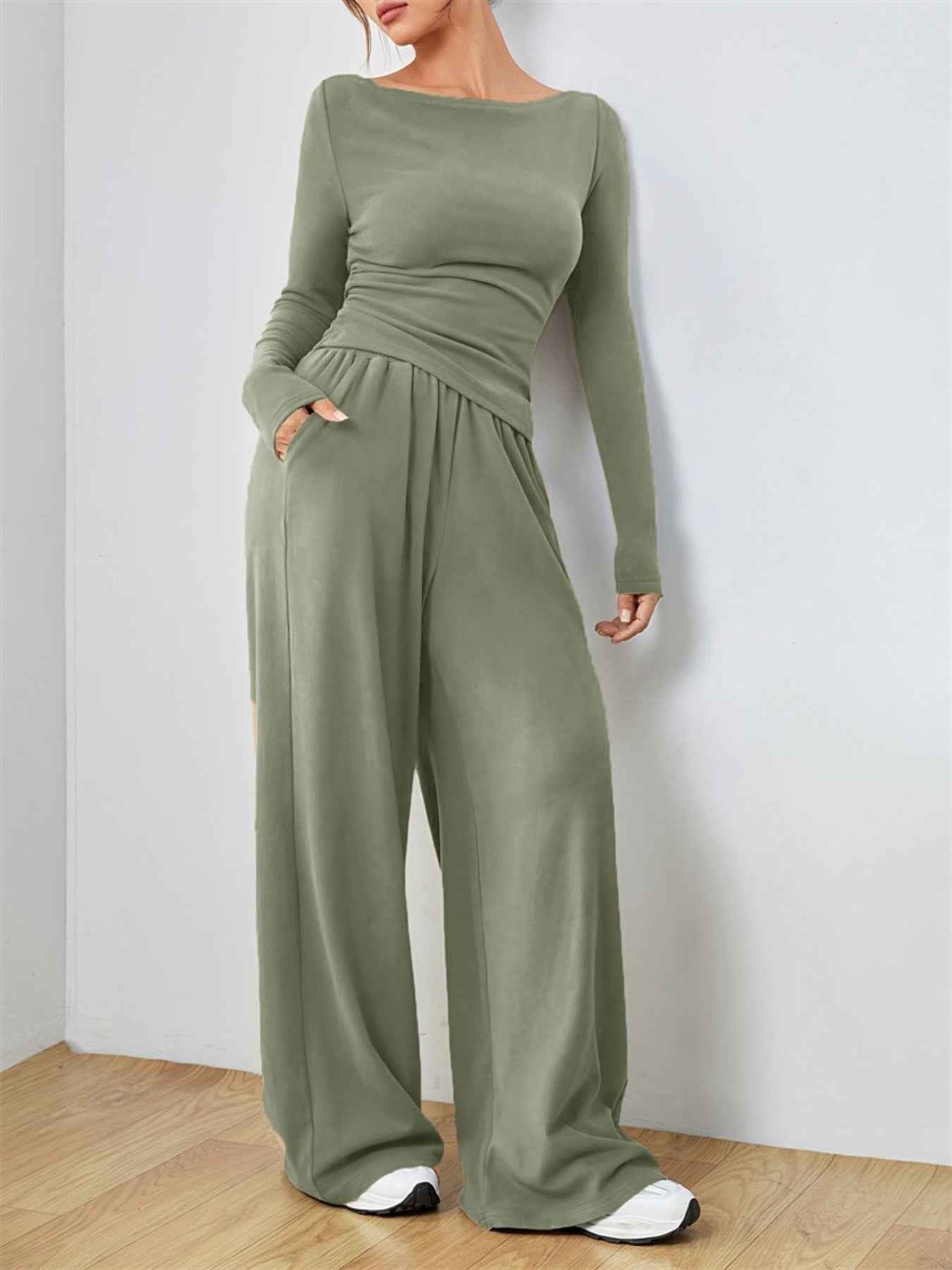 Casual Long Sleeve Top & Wide Leg Pants Set