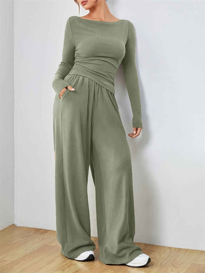 Casual Long Sleeve Top & Wide Leg Pants Set