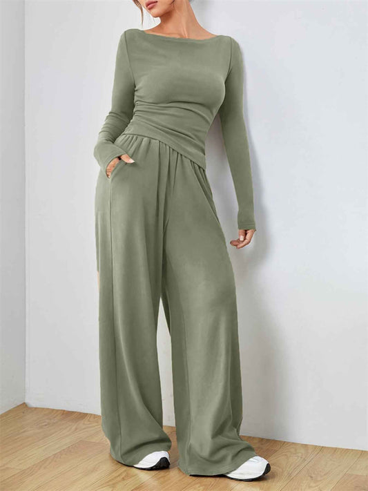 Casual Long Sleeve Top & Wide Leg Pants Set
