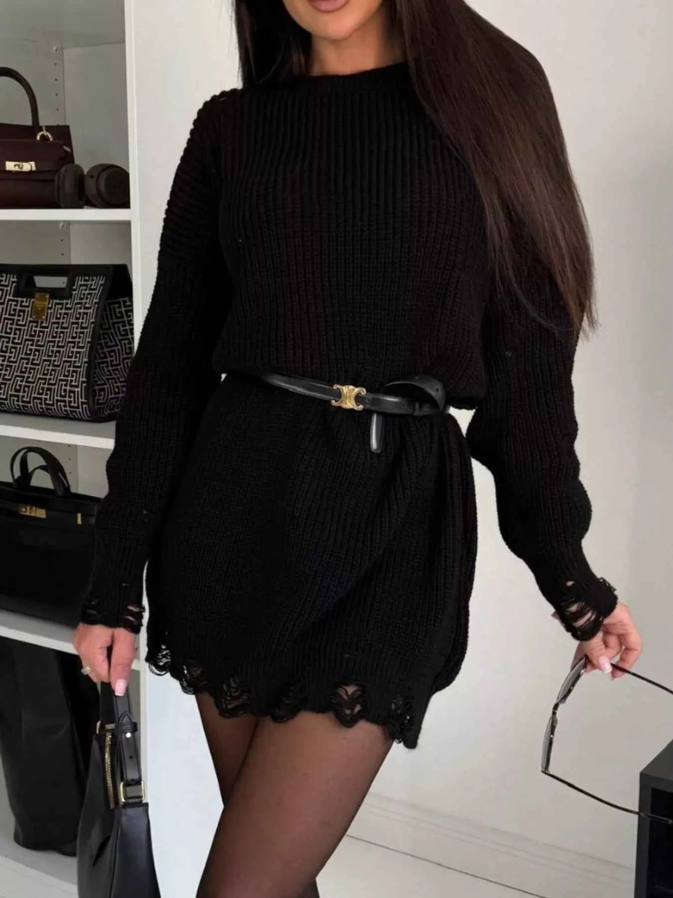 Distressed Round Neck Drop Shoulder Sweater Dress