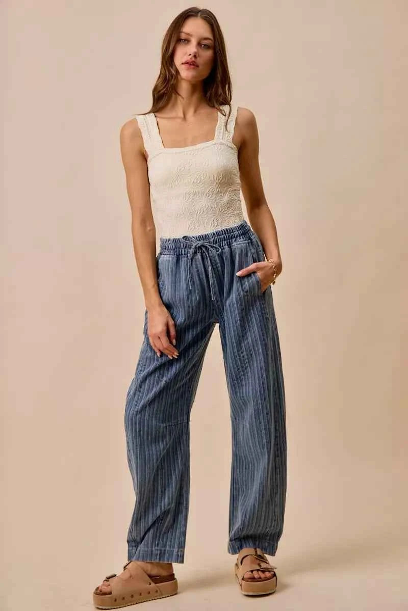 SO ME Stripe Denim Barrel Jeans Drawstring Waistband