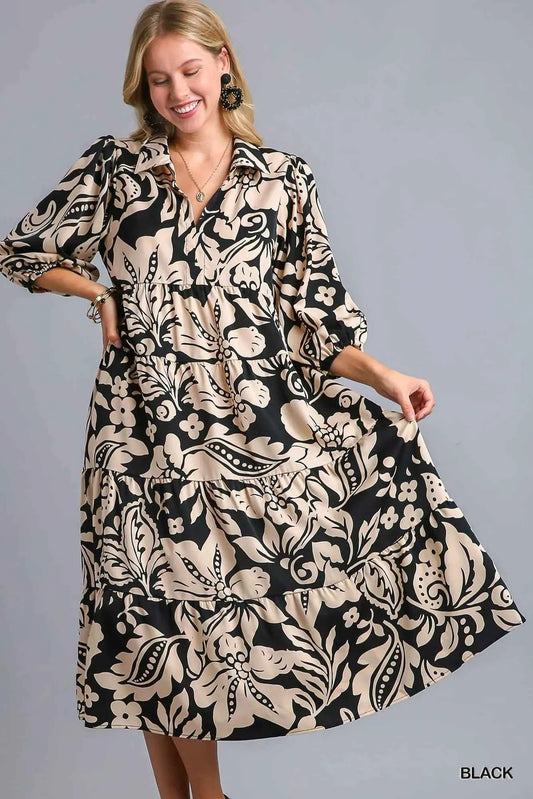 Umgee Floral Print Tiered Midi Dress