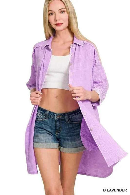 Zenana Washed Double Gauze Button Down Shirt Dress