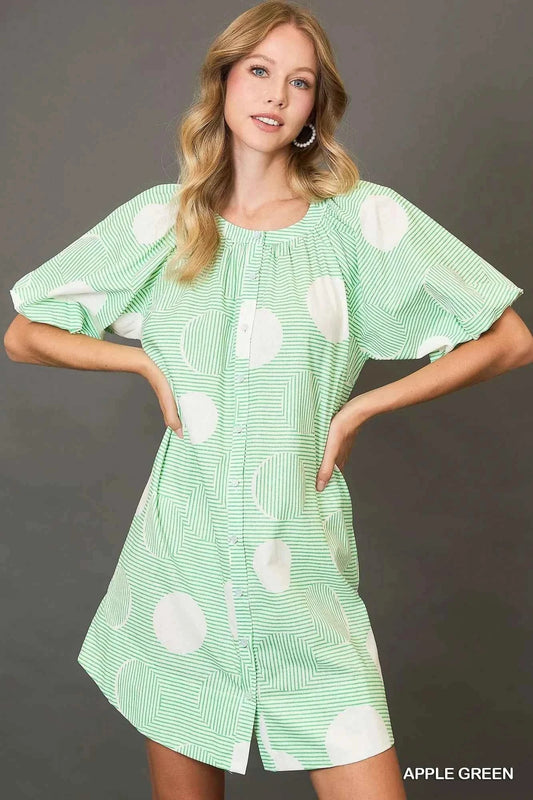 Umgee Stripe and Dot Print Button Down Puff Sleeve Mini Dress