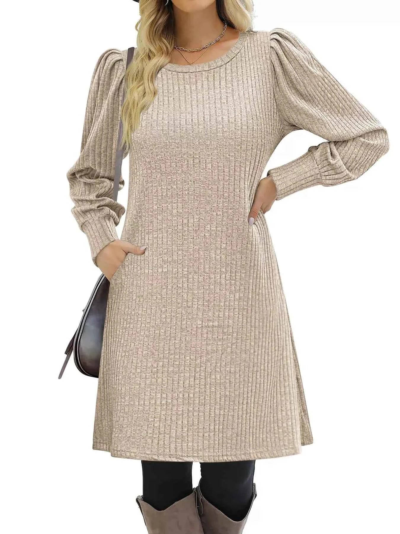 Ribbed Knit Puff Sleeve Casual Mini Dress
