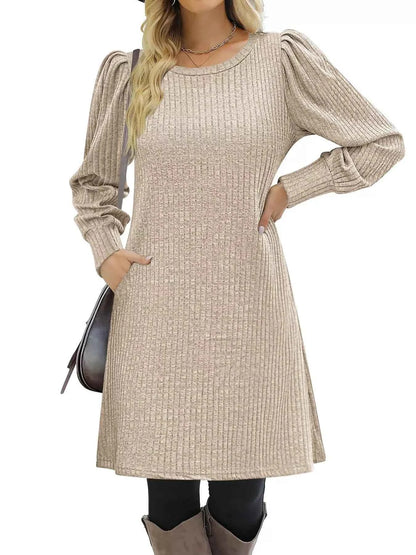 Ribbed Knit Puff Sleeve Casual Mini Dress