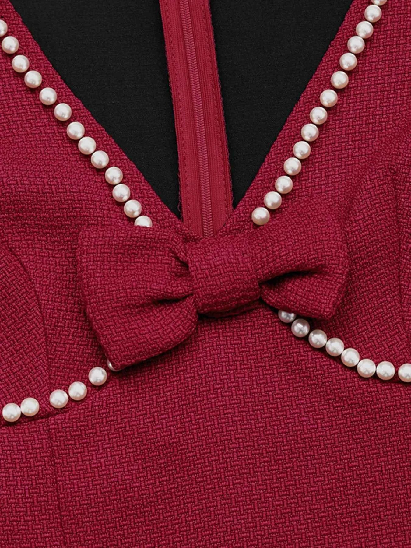 Pearl Trim V-Neck Long Sleeve Bodycon Dress