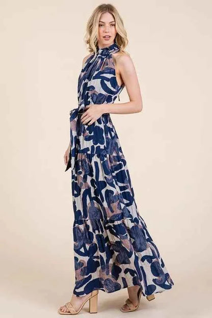 Lime 'N' Chili Abstract Halter Neck Tie-Waist Tiered Maxi Dress