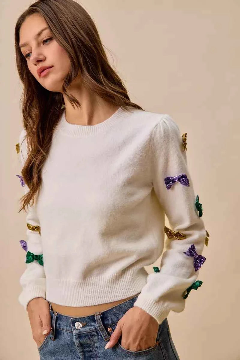 SO ME Mardi Gras Glitter Bow Ribbon Sweater Knit Top