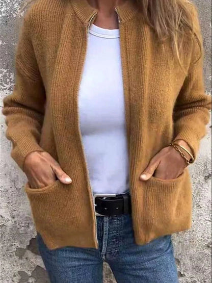 Full Size Zip Up Ribbed Knit Cardigan with Front Pockets Plus Size