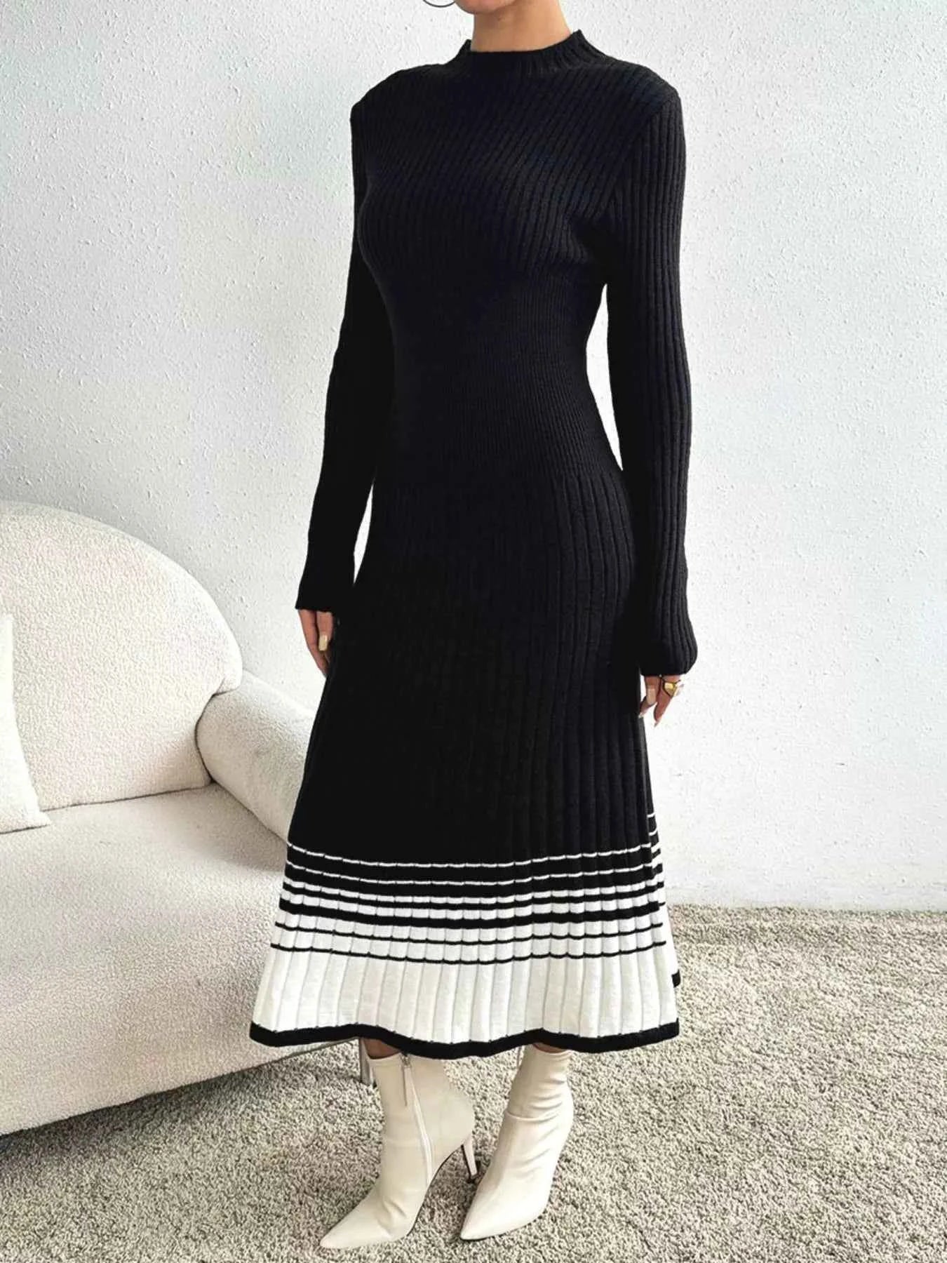 Ribbed Knit Sweater Dress with Striped Hem
