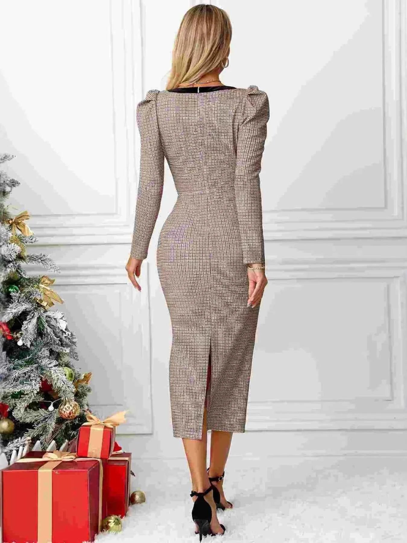 Houndstooth Bow Square Neck Dress