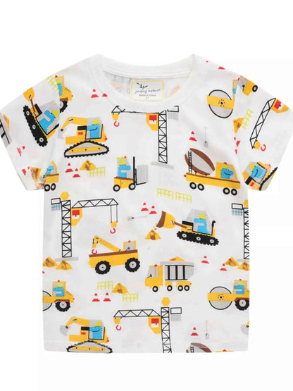 Children's Construction Vehicle Print Crew Neck Short Sleeve T-Shirt