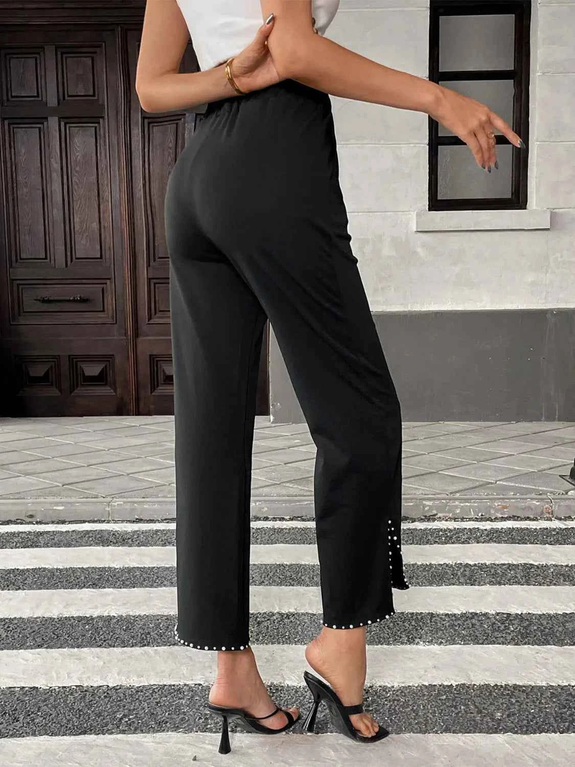 Pearl-Embellished Cropped Wide-Leg Pants